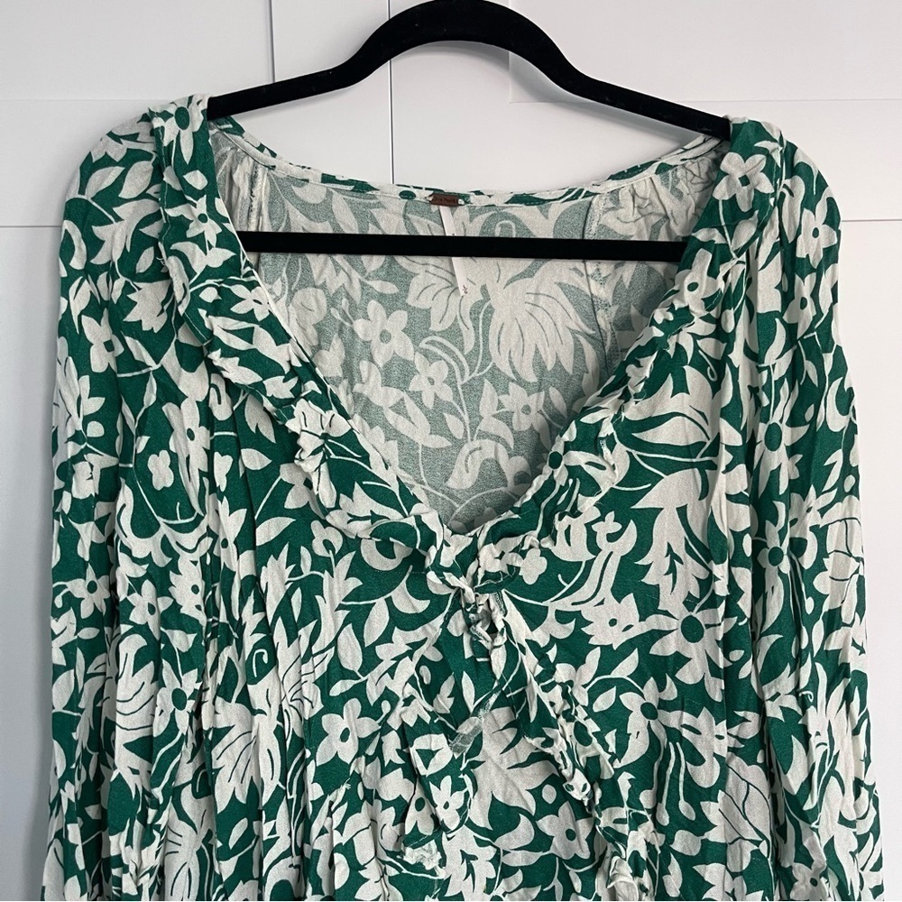 Free People Rebecca Floral Ruffle Long Sleeve Casual Green & White Mini Dress L - Picture 5 of 11